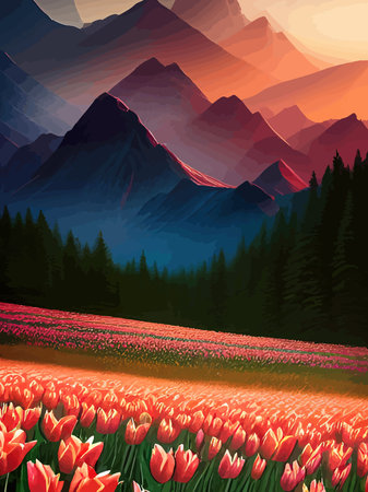 Vector spring background. Dutch landscape with tulip field, trees, hills, mountains.のイラスト素材