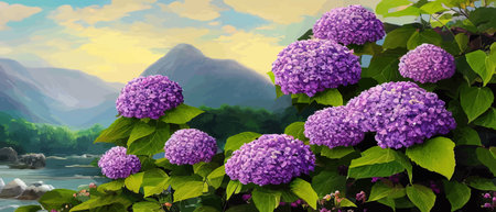 Mountain spring landscape, mountains with snowy peaks, lilac flower bushes, cartoon flat spring nature, green pasture meadow with forests, beautiful spring day mountains, vector illustration banner.のイラスト素材