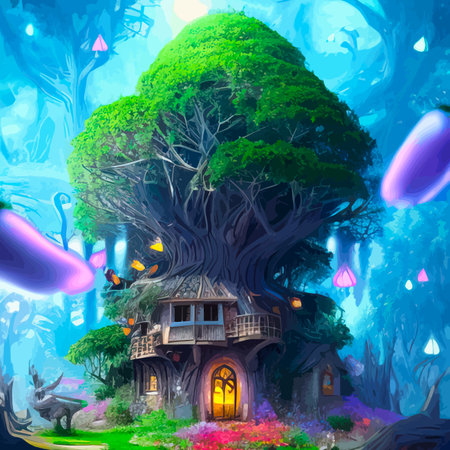 Fairy-tale house in a tree with a roof intertwined. Square flat cartoon illustration with textures. Forest house madeのイラスト素材