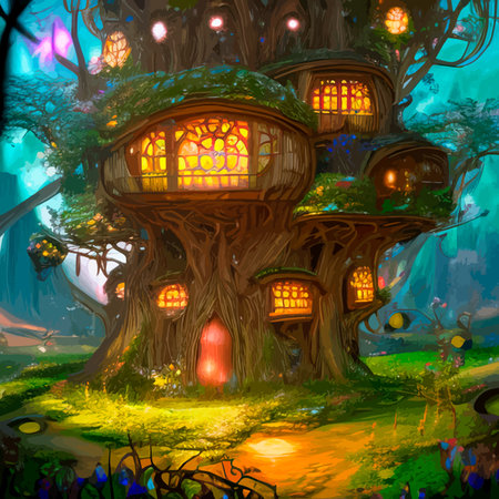 Fairy-tale house in a tree with a roof intertwined. Square flat cartoon illustration with textures. Forest house madeのイラスト素材
