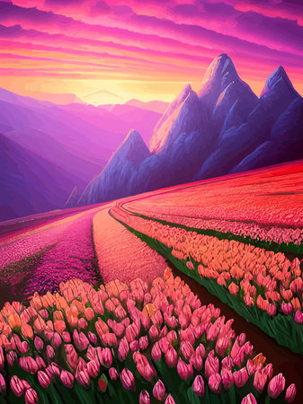 Vector spring background. Dutch landscape with tulip field, trees, hills, mountains.のイラスト素材