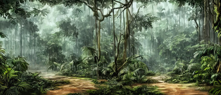 Tropical vintage botanical landscape illustration, palm tree, vegetable flower border background. Exotic green jungleのイラスト素材