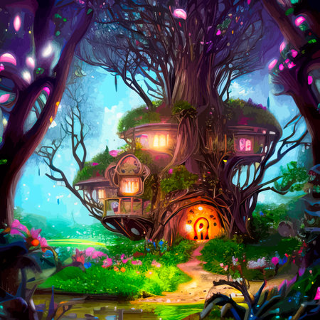 Fairy-tale house in a tree with a roof intertwined. Square flat cartoon illustration with textures. Forest house madeのイラスト素材