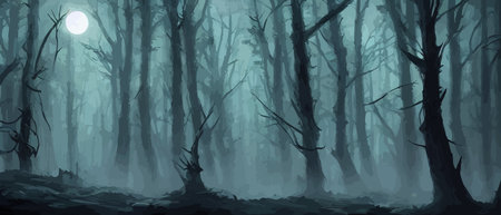 Misty forest. Dark tree silhouette. Tree tricks in the blue mist. Fog in the night forest vector illustration banner. Spooky forest with full moon and floor. Without leaves and branches of autumn.のイラスト素材