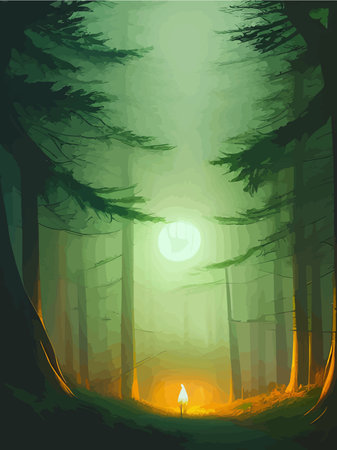 Spooky forest with full moon and floor. Without leaves and branches autumn. Design Halloween season.のイラスト素材