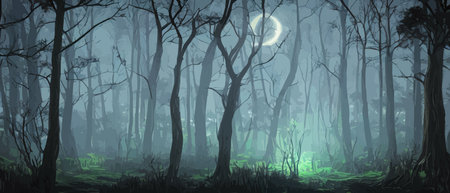 Print Terrifying surreal forest. unreal world. Mysterious Forest, Danger, Fear, Anxiety. Mysterious forest landscapeのイラスト素材