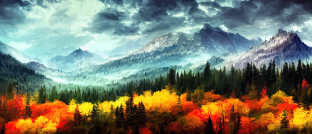 Wild natural landscape with mountains, coniferous forest with copy space.のイラスト素材