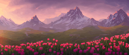 A field of tulips against the backdrop of mountains. Spring banner vector illustration. huge field of colorful tulips.のイラスト素材