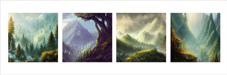 Forest foggy landscape flat Natural landscape with spruce trees and hill silhouettes horizon.