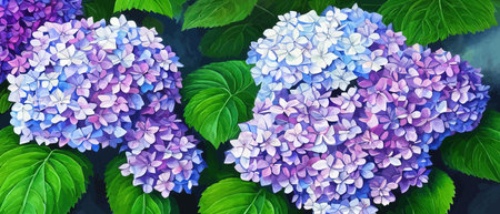 Mountain spring landscape, mountains with snowy peaks, lilac flower bushes, cartoon flat spring...
