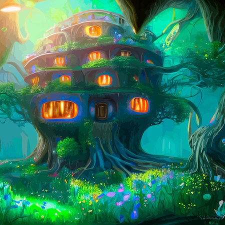 Fairy-tale house in a tree with a roof intertwined. Square flat cartoon illustration with textures. Forest house madeのイラスト素材