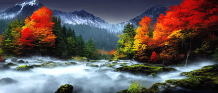 Wild natural landscape with mountains, coniferous forest with copy space.