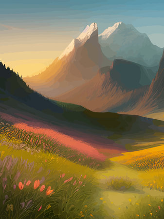 Spring landscape with trees, mountains, fields, leaves. Vector illustration in a flat style. vertical poster springのイラスト素材