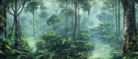 Tropical vintage botanical landscape illustration, palm tree, vegetable flower border background. Exotic green jungleのイラスト素材