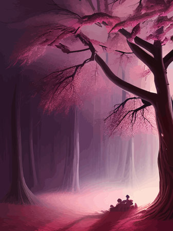 Spring landscape with trees, mountains, fields, leaves. Vector illustration in a flat style. vertical poster springのイラスト素材