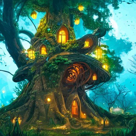 Fairy-tale house in a tree with a roof intertwined. Square flat cartoon illustration with textures. Forest house madeのイラスト素材
