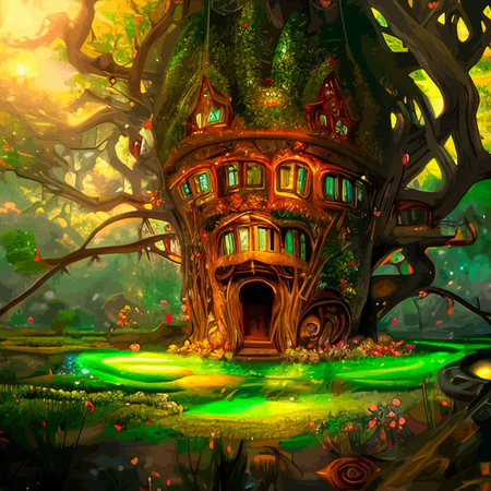 Fairy-tale house in a tree with a roof intertwined. Square flat cartoon illustration with textures. Forest house madeのイラスト素材
