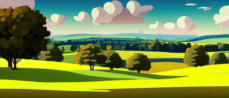 Print Summer landscape with meadow and trees , green grass . Vector cartoon illustration of a scene with trees, bushesのイラスト素材