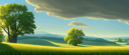 Vector illustration of beautiful summer fields Landscape with sunrise and single trees, green hill, bright blue sky Printのイラスト素材