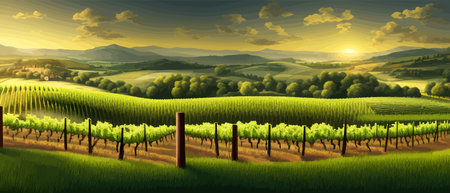 Print Vineyards with vines and hilly Tuscan landscapes near the winery , with the village in the background . Vectorのイラスト素材