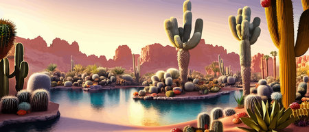 A desert oasis with cacti and flowers growing around a stream of water. Cinematic digital artwork illustrationのイラスト素材