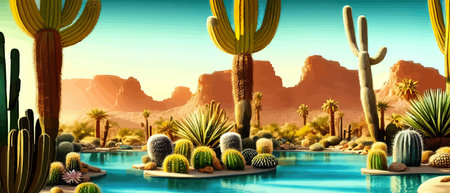 A desert oasis with cacti and flowers growing around a stream of water. Cinematic digital artwork illustrationのイラスト素材