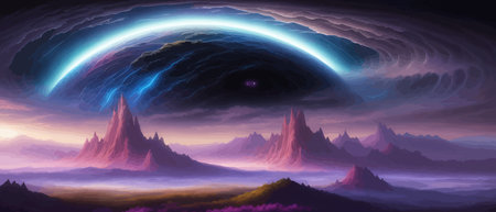 Print Surreal landscape with a tree and moons in the background. Giant floating. Abstract fantastic...