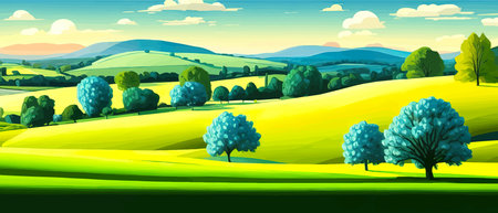 Print Summer landscape with meadow and trees , green grass . Vector cartoon illustration of a scene with trees, bushesのイラスト素材