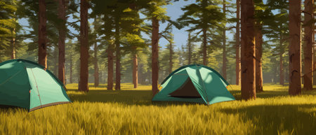 Tourist summer camping with tents vector illustration banner. Camping area in a clearing in a nordic forest in a spruceのイラスト素材