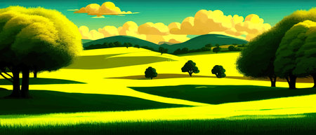 Print Summer landscape with meadow and trees , green grass . Vector cartoon illustration of a scene with trees, bushesのイラスト素材