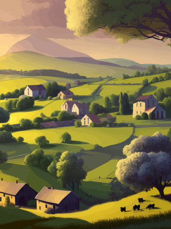 Rural landscape with field, trees, grass and agricultural fields. Environmentally friendly area with blue skyのイラスト素材