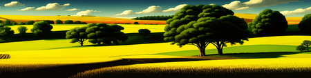 Spring green fields landscape with mountain and trees, blue sky cloud