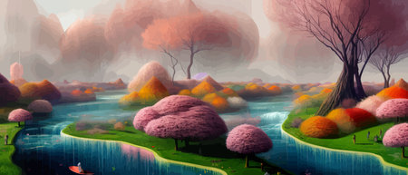 Print Surreal landscape with abstract colorful multicolored trees and clouds, melting islands near the ground. Vectorのイラスト素材