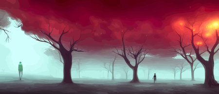 Print Fantasy forest path with fog and dry trees and branches, vector illustration banner. Mysterious forest backgroundのイラスト素材