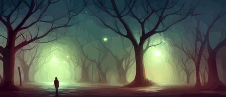 Print Fantasy forest path with fog and dry trees and branches, vector illustration banner. Mysterious forest backgroundのイラスト素材