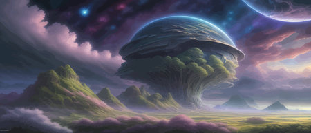 Print Surreal landscape with a tree and moons in the background. Giant floating. Abstract fantastic...