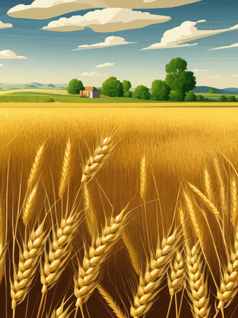Large wheat thorns in field at a beautiful sunset of nature landscape in sun. Extended rich harvest.のイラスト素材