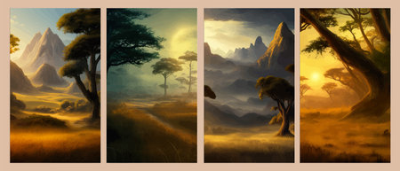 Wild savanna landscape. Savannah, African wilderness with acacia trees, grass, sand and water. Africa landscapeのイラスト素材