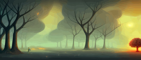 Print Fantasy forest path with fog and dry trees and branches, vector illustration banner. Mysterious forest backgroundのイラスト素材