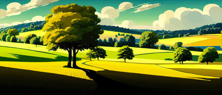 Print Summer landscape with meadow and trees , green grass . Vector cartoon illustration of a scene with trees, bushesのイラスト素材