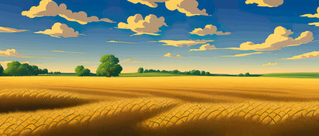 Print Large wheat thorns on a field on a beautiful nature and landscape in the sun. Extended rich harvest. Areasのイラスト素材