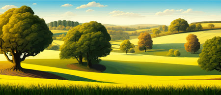 Print Green field, tree and blue sky. Gorgeous as background, web banner. Spring landscape in the countryside with a greenのイラスト素材