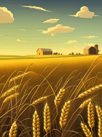 Large wheat thorns in field at a beautiful sunset of nature landscape in sun. Extended rich harvest.のイラスト素材