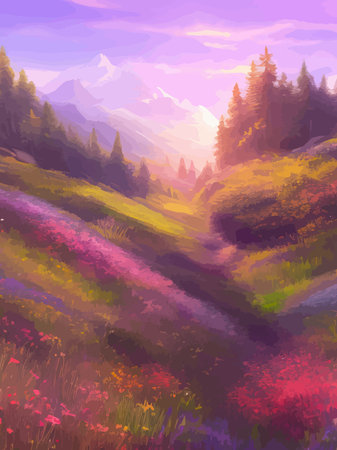 Print Mountain landscape with alpine meadows, vector illustration vertical poster. green meadow and wild flowers on hillsのイラスト素材