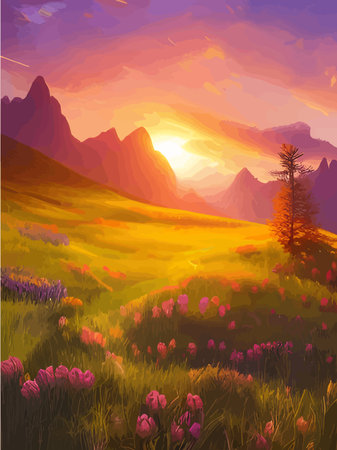 Print Mountain landscape with alpine meadows, vector illustration vertical poster. green meadow and wild flowers on hillsのイラスト素材