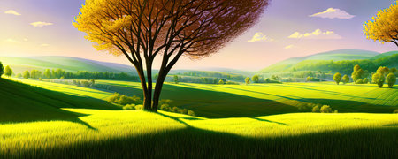 Spring background. Green meadow, trees. Cartoon illustration of beautiful summer valley landscape...