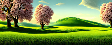 Spring background. Green meadow, trees. Cartoon illustration of beautiful summer valley landscape with blue sky. greenの写真素材