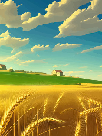 Large wheat thorns in field at a beautiful sunset of nature landscape in sun. Extended rich harvest.のイラスト素材