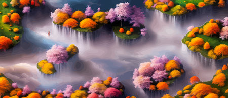 Print Surreal landscape with abstract colorful multicolored trees and clouds, melting islands near...