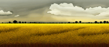 Print Large wheat thorns on a field on a beautiful nature and landscape in the sun. Extended rich harvest. Areasのイラスト素材